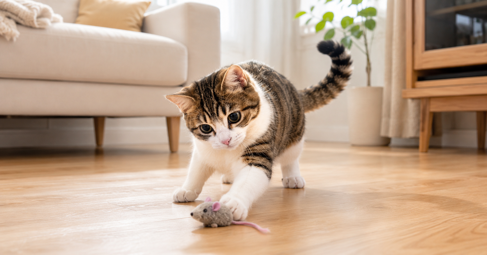 猫がおもちゃで遊ぶ様子。投資記録のアイキャッチ画像